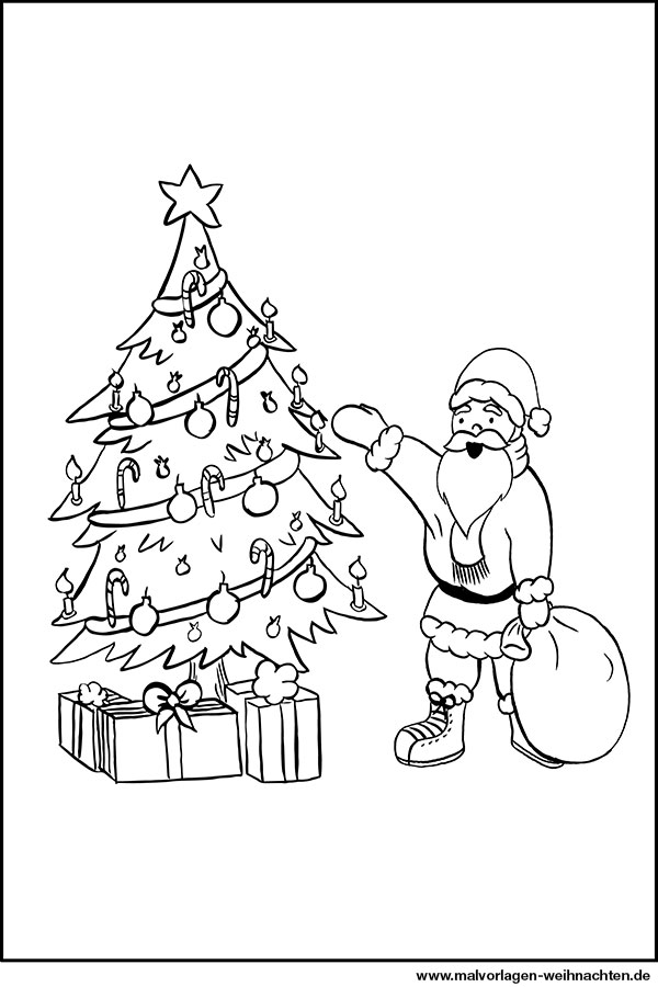 weihnachtsmann weihnachtsbaum geschenke  ausmalbild