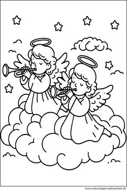 ausmalbild zwei Engel spielen Trompete