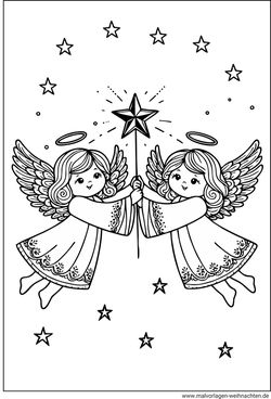 Ausmalbild zwei Engel und der Weihnachtsstern