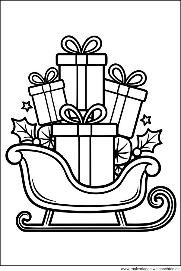 Ausmalbild Schlitten mit Geschenken