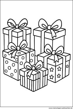 Fünf Geschenke Ausmalbilder drucken und ausmalen