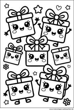 Kawaii Geschenke mit Gesichtern Ausmalbild