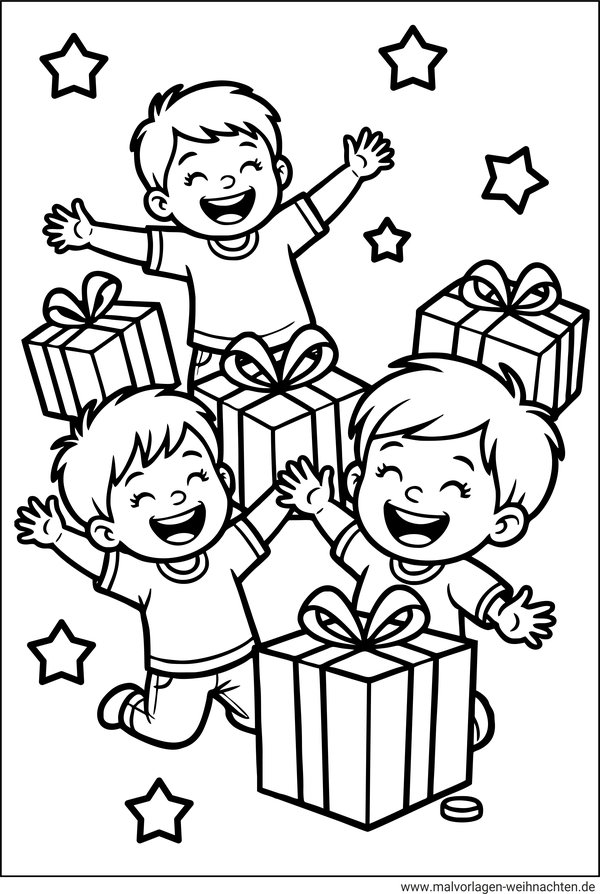 Kinder freuen sich über Geschenke Ausmalbild