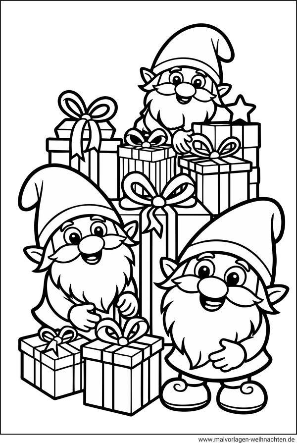 Wichtel packen Geschenke Ausmalbild