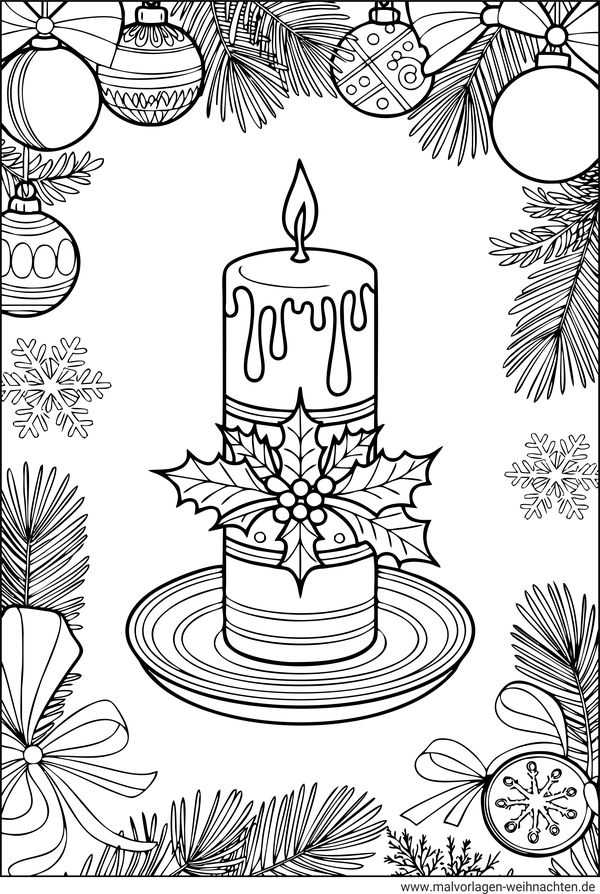Ausmalbild Weihnachtskerze und Weihnachtskugeln