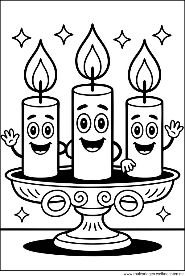 Kerzen mit Gesichter in einem Kerzenständer als Ausmalbild Kinder