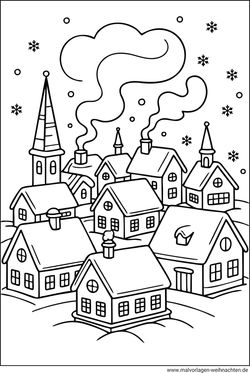 Ausmalbild Dorf im Winter ausdrucken und ausmalen