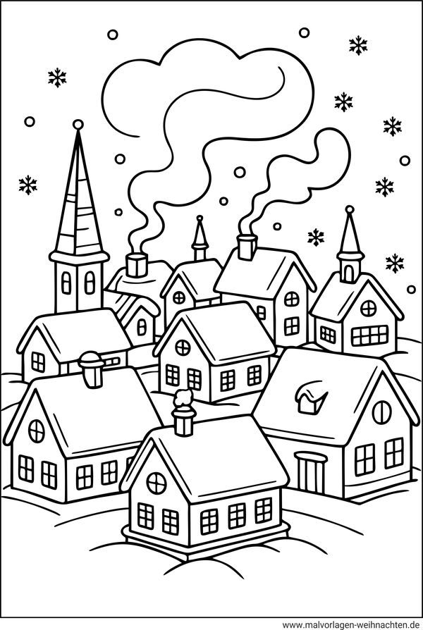 Ausmalbild Dorf im Winter zum Ausdrucken