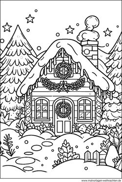 Ausmalbild Winterlandschaft Haus mit Schnee
