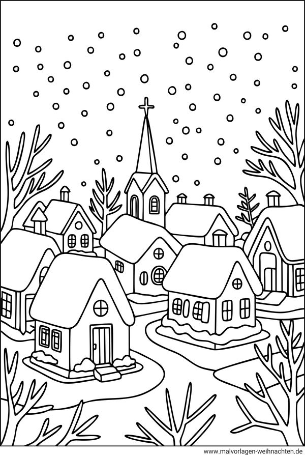 Verschneites Dorf im Winter Ausmalbild