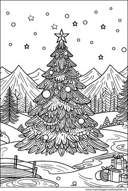 Weihnachtslandschaft Tannenbaum Ausmalbild kostenlos
