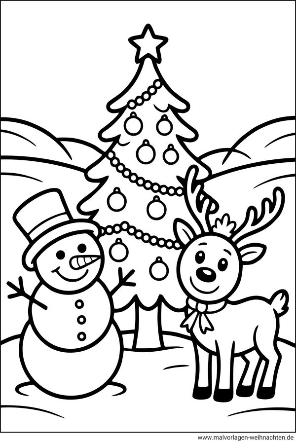 Ausmalbild Rentier Weihnachtsbaum Schneemann
