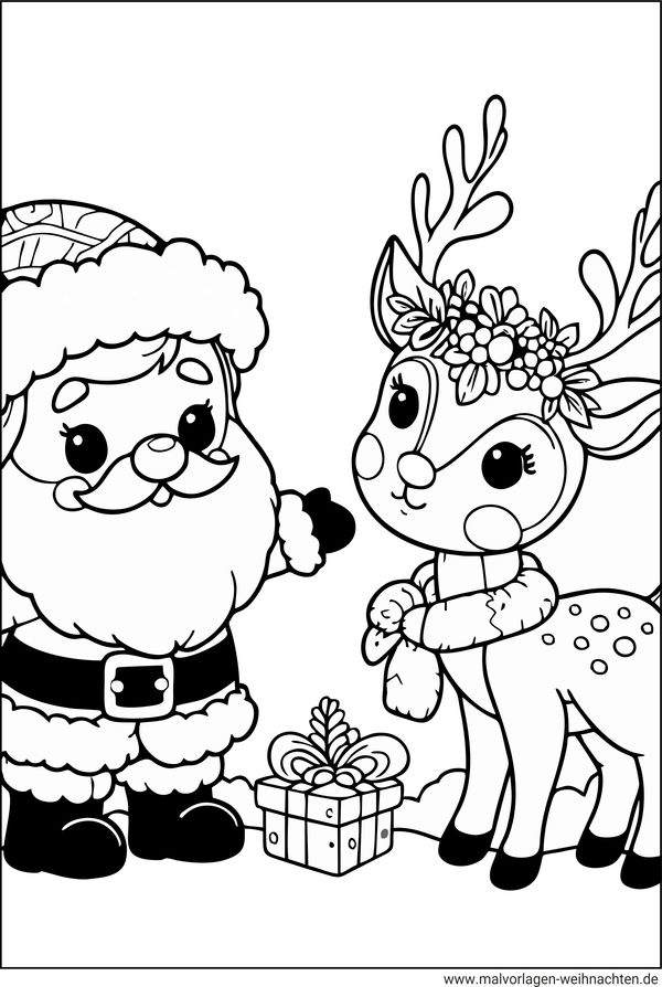 Ausmalbild Rentier Weihnachtsmann Geschenke