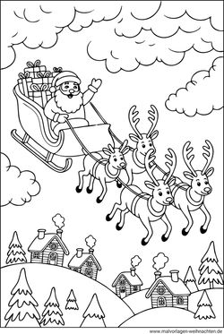 Ausmalbild Weihnachtsmann Rentiere und sein Schlitten