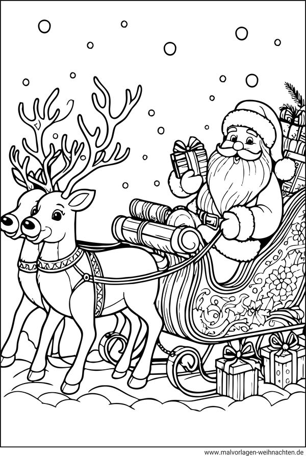 Malvorlage Rentiere Weihnachtsmann Schlitten und Geschenke