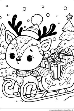 Rentier mit Schlitten und Geschenken als Ausmalbild für Kinder