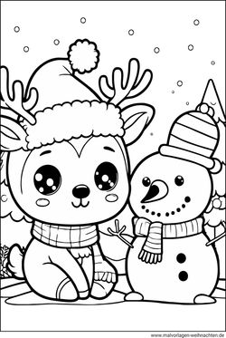 Rentier Schneemann Winter Ausmalbild für Kinder