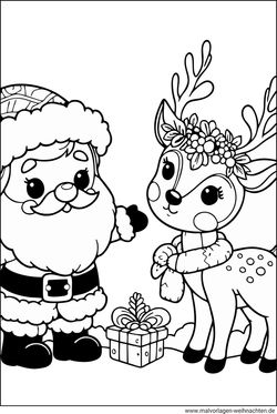 Rentier Weihnachtsmann und Geschenke Ausmalbild für Kinder