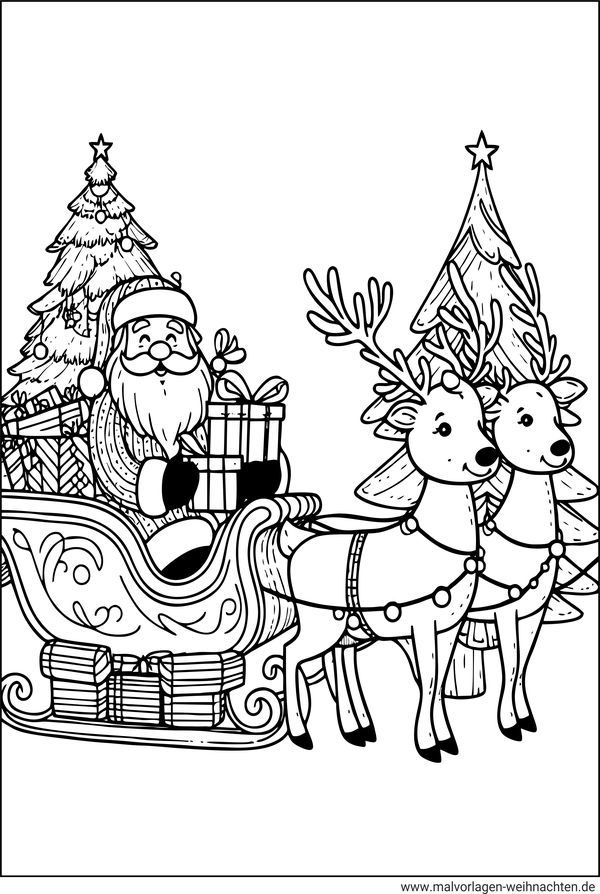Rentiere Schlitten Weihnachtsmann Ausmalbild