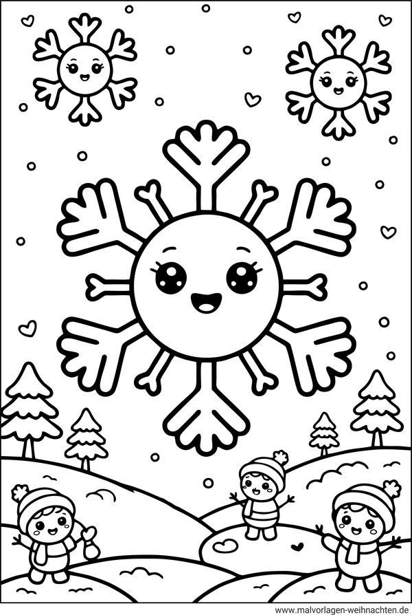 Kinder freuen sich über Schneeflocken Ausmalbild