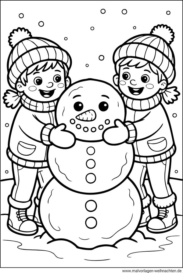 Ausmalbild Kinder bauen einen Schneemann