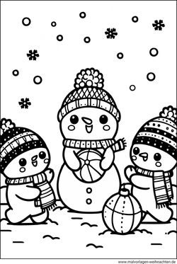 Ausmalbild Schneemänner Winterbild für Kinder