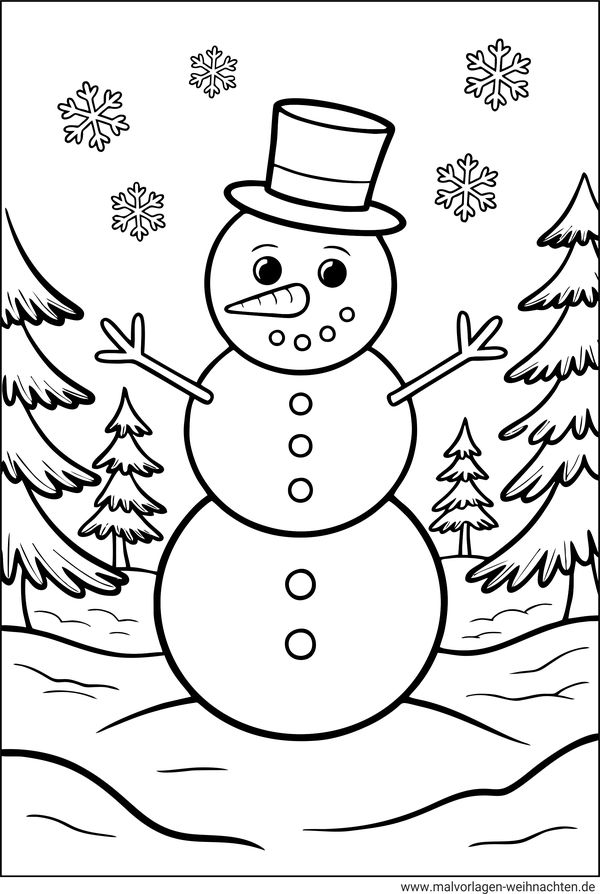 Ausmalbild Schneemann im Wald