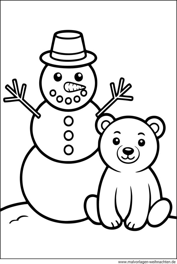 Ausmalbild Schneemann und der kleine Eisbär