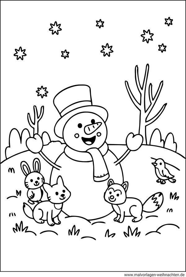Ausmalbild Schneemann und Tiere