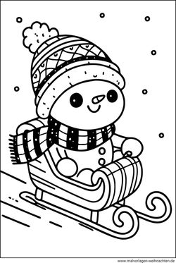 Ausmalbild Winter Schneemann auf einem Schlitten