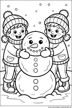 Kinder bauen Schneemann Ausmalbild kostenlos