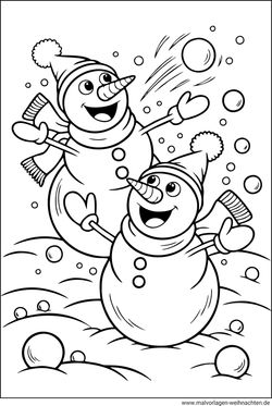 Ausmalbild zwei Schneemänner machen eine Schneeballschlacht