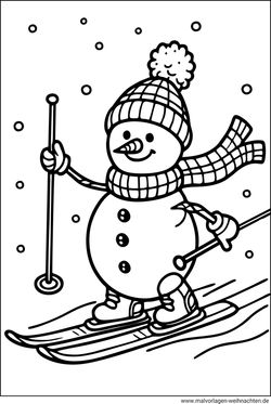 Schneemann fährt Ski Malbild für Kinder