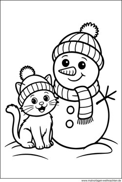 Schneemann und Katze Vorlage zum Ausmalen