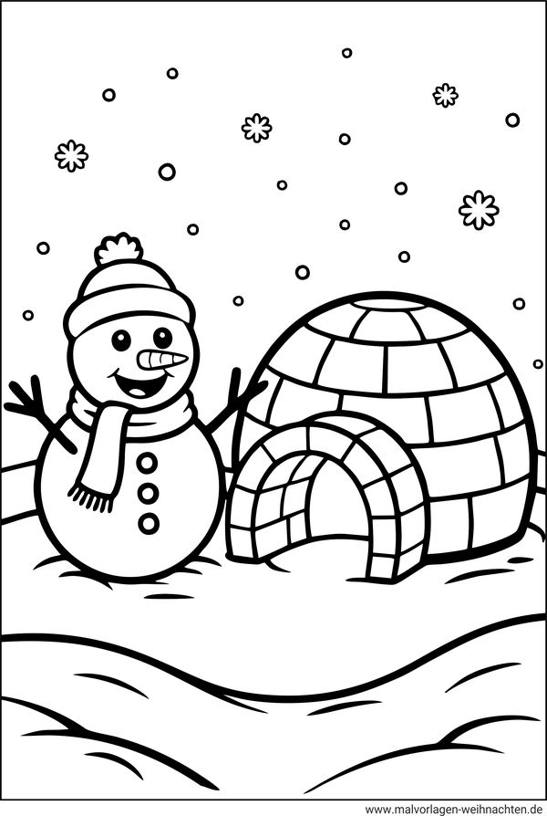 Schneemann und sein Iglu Ausmalbild
