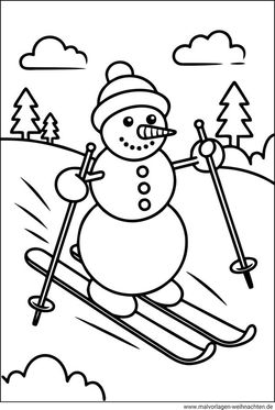 Winter Ausmalbild für Kinder Schneemann fährt Ski