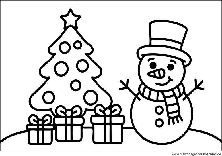 Ausmalbild mit einem Weihnachtsbaum Geschenken und dem Schneemann