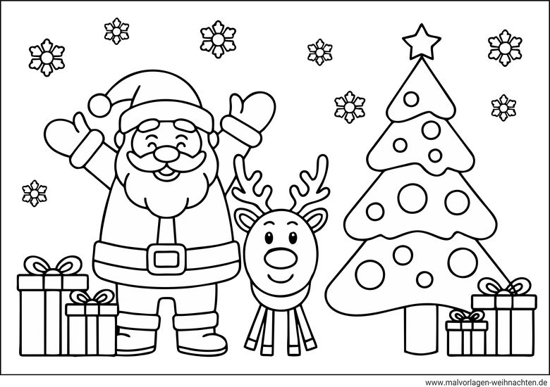 Ausmalbild Weihnachtsmann Weihnachtsbaum Rentier