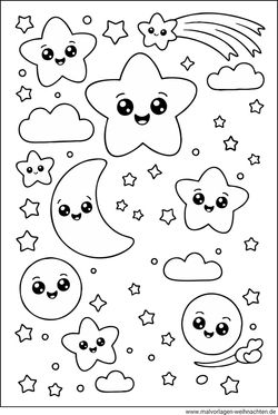 Kawaii Sterne am Himmel Malbild gratis