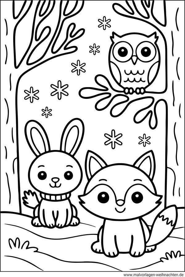 Ausmalbild Hase Fuchs Eule im Winterwald