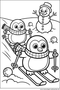 Ausmalbild Pinguin Winter Skifahren