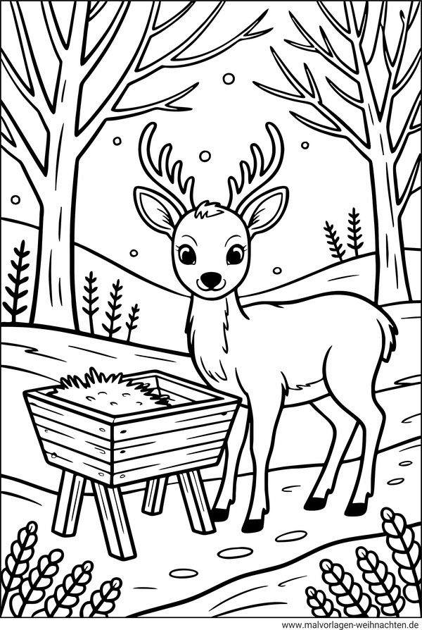 Ausmalbild Reh im Winter an der Futterkrippe