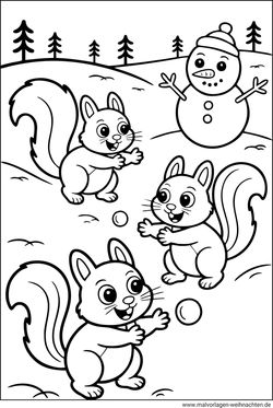 Ausmalbilder Eichhörnchen Schneemann im Winter