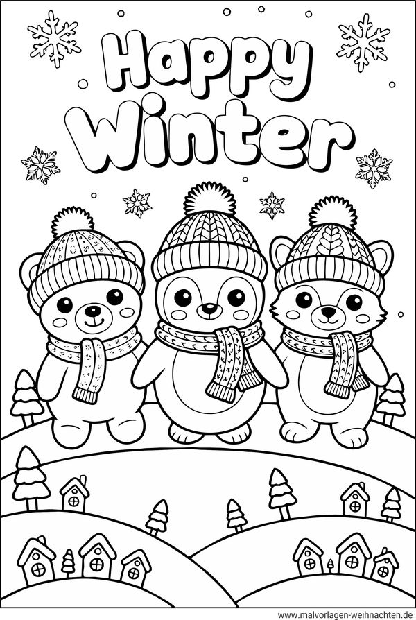 Bären wünschen Happy Winter Ausmalbild