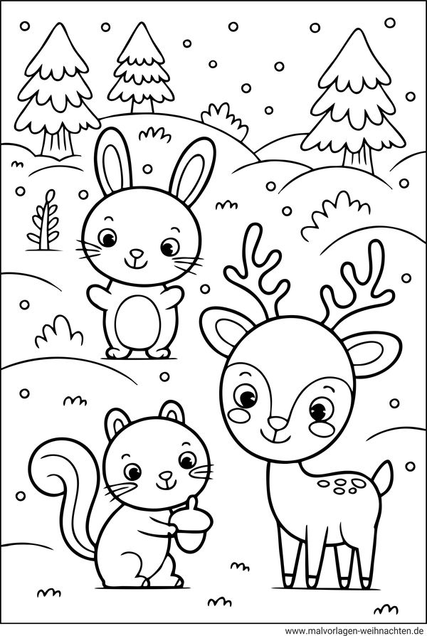 Eichhörnchen Reh Hase im Winter Malvorlage