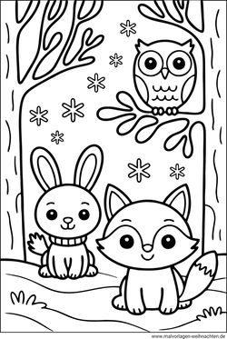 Fuchs und Eule im Winterwald Ausmalbild ausdrucken