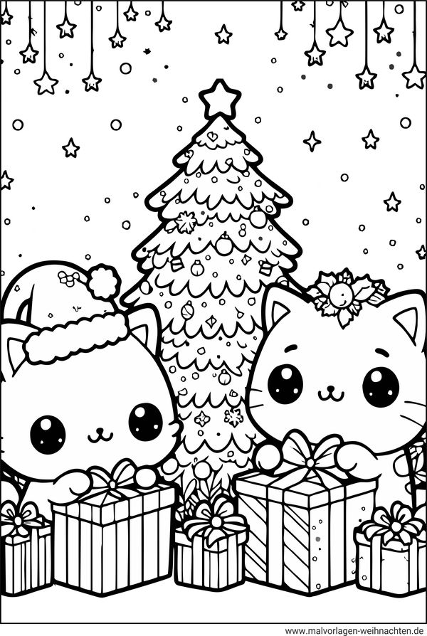 Katzen mit Geschenken Ausmalbild zu Weihnachten