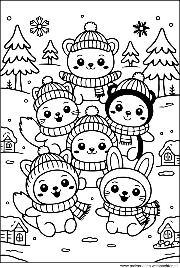 Kawaii Tiere im Winter Ausmalbild