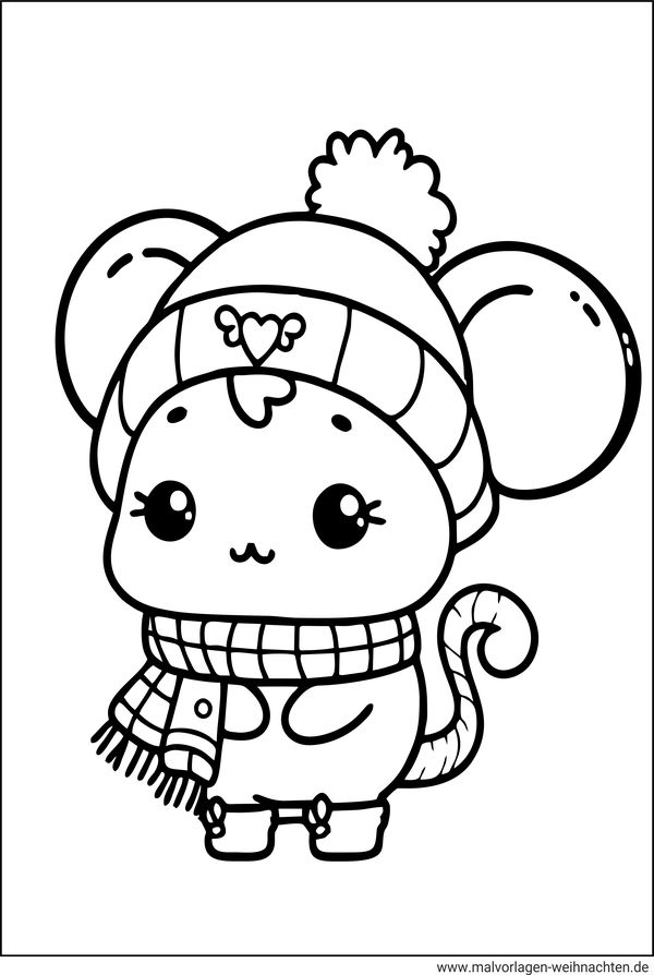 Maus mit Mütze und Schal im Winter Ausmalbild für Kinder