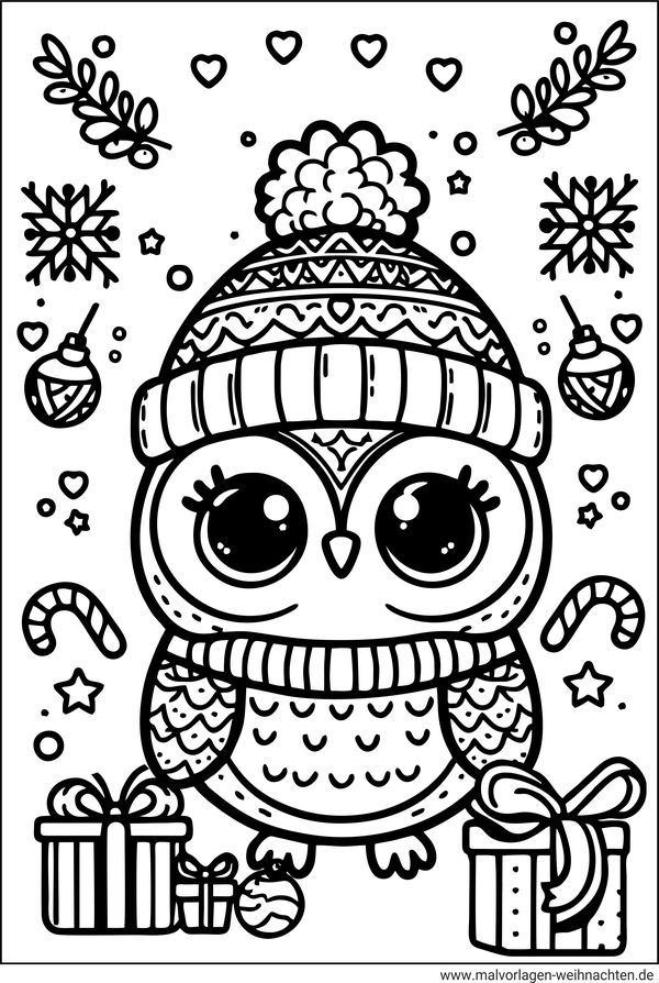 Weihnachten Eule Tier-Ausmalbild